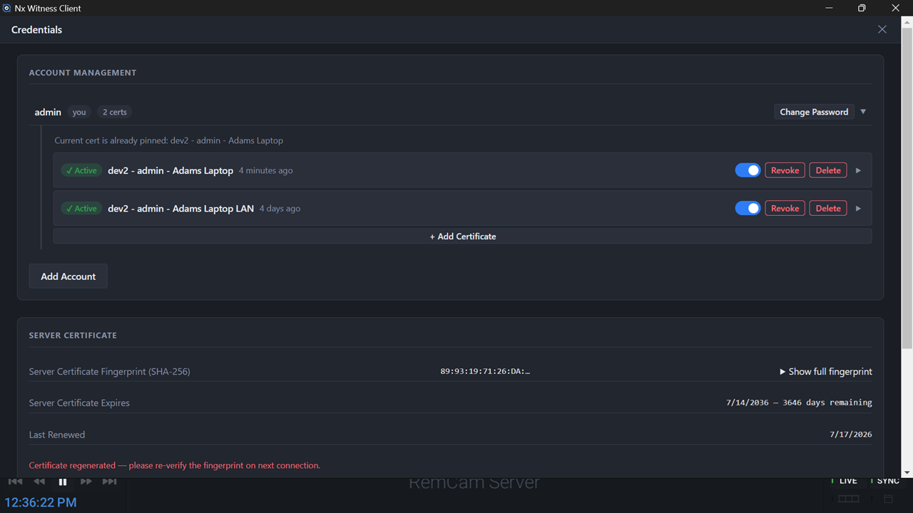 Accounts and pinned certificates